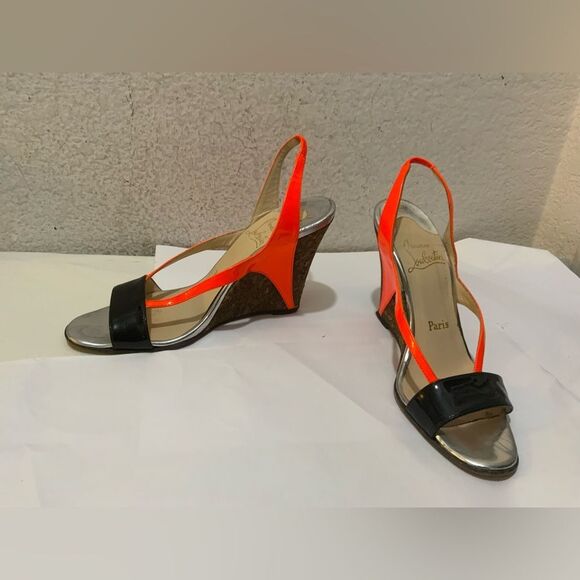 Christian Louboutin Yasmin Sanzep Strappy Neon orange Black Wedge heels 38